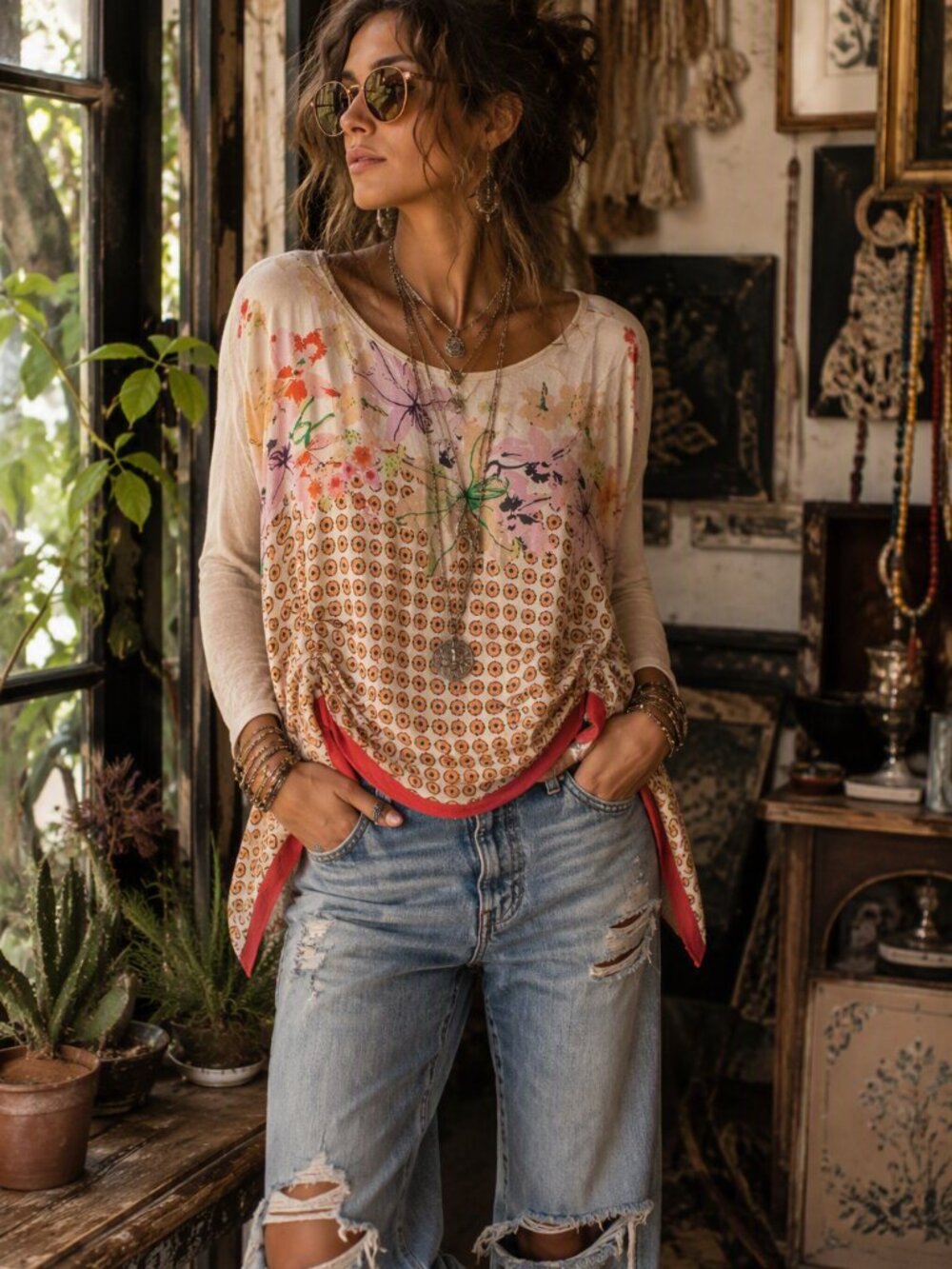 556 - Tiny by Anthropologie Floral Mixed Print Boho Top Size Large